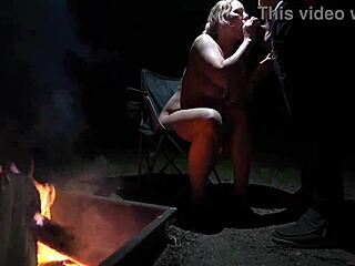 Curvy blonde goes naked in the forest for outdoor blowjob on big cock.