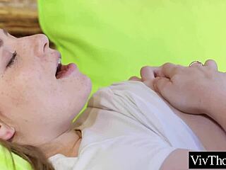 Cute brunette teen fondles and sucks natural breasts before romantic face sitting session