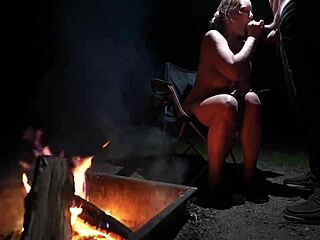 Curvy blonde goes naked in the forest for outdoor blowjob on big cock.