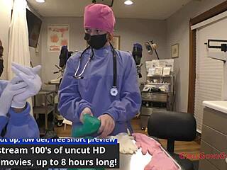 brunette nurse jewel tries on latex gloves in hospital backstage