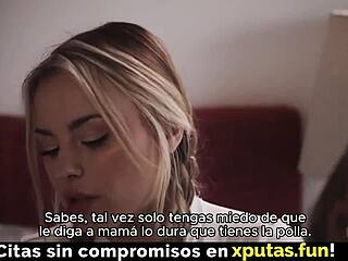 Blonde Stepdaughter Sucks Cock and Enjoys Fucking with Handjob and Natural Tits in Spanish Subtitles