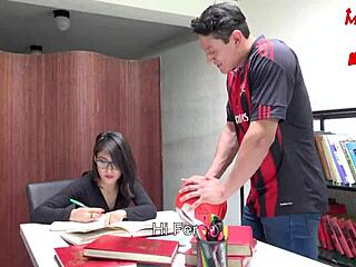 European and Asian college classmates engage in intense fucking session in the library with squirting orgasms.