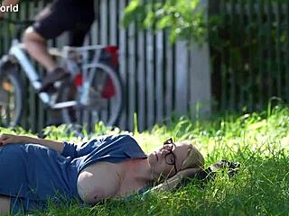 hiking adventure shows downblouse saggy tits in public exposure