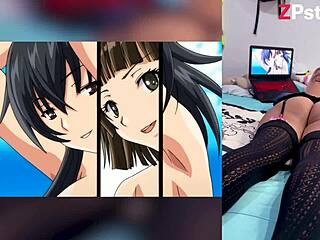 Exotic ebony teen reacts to hentai blowjobs with cum in throat and big tits, loving her big ass shown by boyfriend in homemade pov.