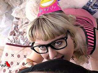 Blonde swallows cum after sucking big cock with glasses on