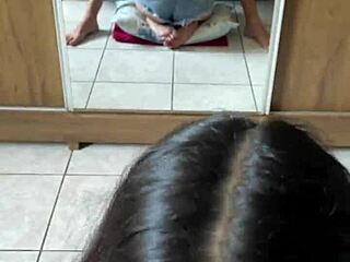 nerdy brunette with big natural tits from brazil gives deep blowjob to wellington prado's huge cock in bedroom pov while wearing jeans shorts facing mirror