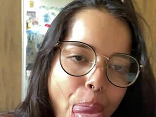 nerdy brunette with big natural tits from brazil gives deep blowjob to wellington prado's huge cock in bedroom pov while wearing jeans shorts facing mirror