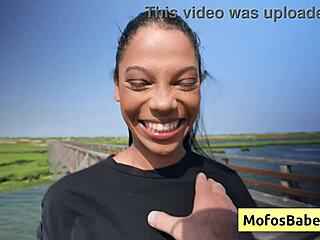 Sexy ebony Eden West teases her horny friend Charles Dera by fingering her wet pussy with those big natural boobs bouncing.