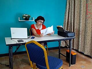 Secretary Boldly Exposes Pussy Under Desk For Security Camera In Vintage Office