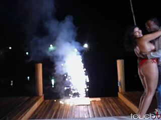 Busty hotwife Roxie Sinner rides stranger's big black cock outdoors while husband watches the intense creampie session.