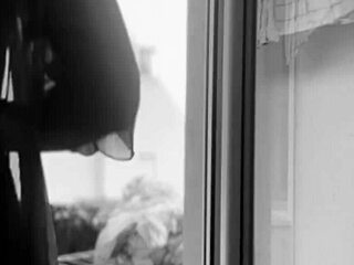 Naked chubby woman casually hangs laundry on balcony while neighbors watch her shaved pussy