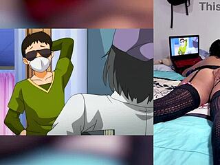 Exotic ebony teen reacts to hentai blowjobs with cum in throat and big tits, loving her big ass shown by boyfriend in homemade pov.