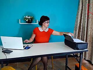 Secretary Boldly Exposes Pussy Under Desk For Security Camera In Vintage Office