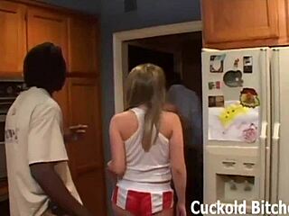 In this intense scene, a tied-up slave watches his mistress get fucked in bdsm humiliation.