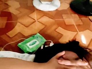 blonde housewife enjoys wet homemade sex with chubby asian in bedroom deepthroat licking and creampie pounding