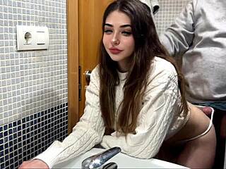 horny latina petite amateur bent over for quick bathroom fuck by landlord while boyfriend nearby