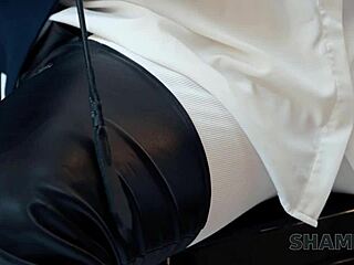 The kinky Czech mistress in leather caught her student masturbating then rode him cowgirl style.