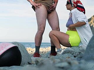 I spotted a hot stranger on the beach and gave him a handjob. He was so into my big tits and tight pussy!