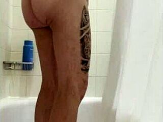 In the bath, she casually touches him, leading to a steamy handjob scene with the pornstar.