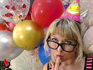 Blonde swallows cum after sucking big cock with glasses on