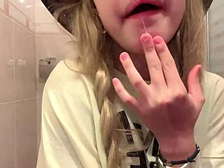 Horny 19 year old blonde squirts wildly in college bathroom!