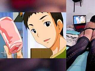 Exotic ebony teen reacts to hentai blowjobs with cum in throat and big tits, loving her big ass shown by boyfriend in homemade pov.