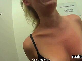 Adorable Czech cutie gets seduced in shopping centre, strips clothes, and rides huge cock in hardcore POV pounding with ripped outfits.