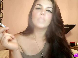 xo bunny brunette latina with blue eyes smoking cigarette blowing smoke in your face