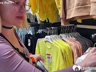 blonde gf with glasses gives blowjob in shop changing booth until cumshot