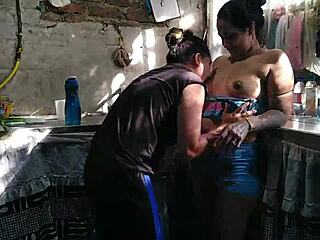 Horny mature prostitute licks ass and pussy while riding cowgirl in homemade kitchen scene.