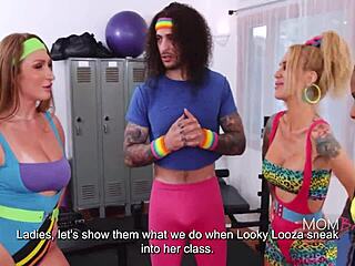 Retro Colombian milf in gym outfit teases with big tits alongside Skylar Snow Sarah Jessie Cali Sweets Adonis Breeds