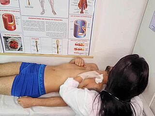 Hey, what if this naughty nurse makes the patient's cock super hard with her big ass and wet pussy? Can she handle his monster cock in rough fucking at the hospital?