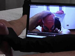 Preview gift to my biggest fan handjob in gloves while is watching one of my vids with cumshot