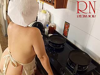 nudist housewife regina noir cooks in the kitchen as a naked maid