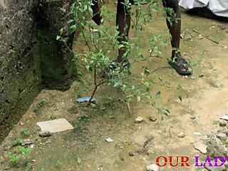 The lucky security man was out in the garden when he spotted the skinny big tit ebony cook. He fucked her hardcore with his big black cock until she squirted.