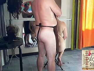 Compilation of nude lady hairdresser in apron at nudist barbershop with clients stripping naked