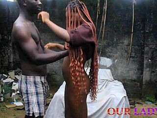 The lucky security man was out in the garden when he spotted the skinny big tit ebony cook. He fucked her hardcore with his big black cock until she squirted.