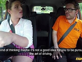 British curvy student with big boobs rides instructor in fake driving school car for outdoor creampie
