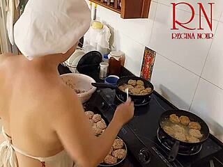 nudist housewife regina noir cooks in the kitchen as a naked maid