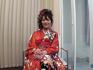 Lovely geisha-looking Asian babe flashes her skirt upskirt and rubs to orgasm in casting