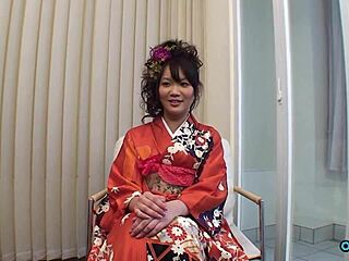 Lovely geisha-looking Asian babe flashes her skirt upskirt and rubs to orgasm in casting