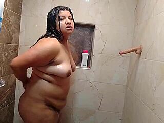 Whoa, my bbw friend goes wild in the shower with her new dildo, deepthroating it naked 😍