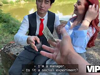 Sexy redhead Miss Olivia showed her red lingerie and fucked in public in front of her bf.