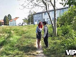 Sexy redhead Miss Olivia showed her red lingerie and fucked in public in front of her bf.