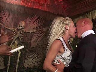 these very pretty blonde and black babes get fucked together by two guys doggy style in stockings