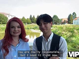 Sexy redhead Miss Olivia showed her red lingerie and fucked in public in front of her bf.