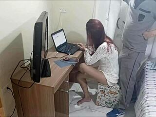 Hey, check out this redhead in uniform getting naughty with the maintenance guy on hidden camera while alone at home