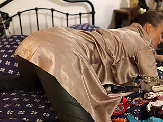 French Amateur in Satin Lingerie and Leather Pants Enjoys Rimming Blowjob and Doggystyle Pov