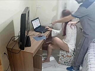 Hey, check out this redhead in uniform getting naughty with the maintenance guy on hidden camera while alone at home