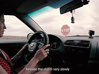 long-haired teen eagerly sucks and rides huge cock outdoors for her driver's license thrill